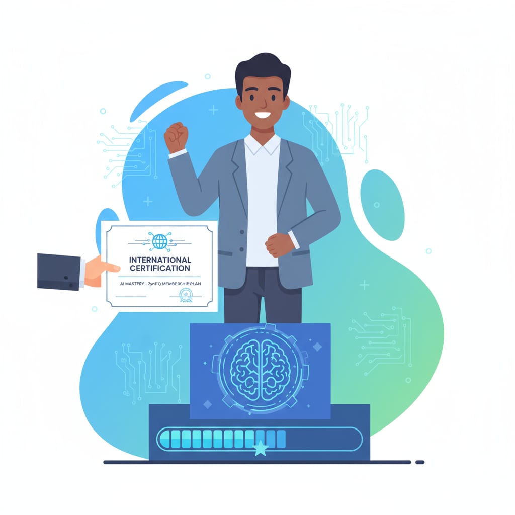 A student receiving an international certification after completing an AI course under ZynTiQ's membership plan Student receiving international certification for AI course completion under ZynTiQ
