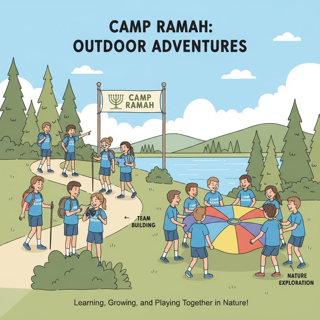 Students are actively engaged in outdoor activities led by Camp Ramah, such as hiking and group games. Students participating in Camp Ramah outdoor education activities