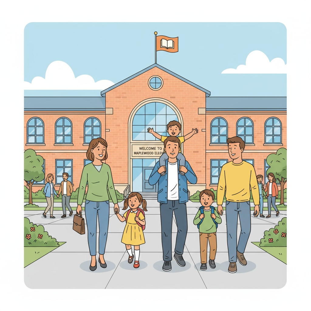 A group of parents and children are approaching a public school building, showing their anticipation for the school visit. Parents and children approaching a public school for an educational visit