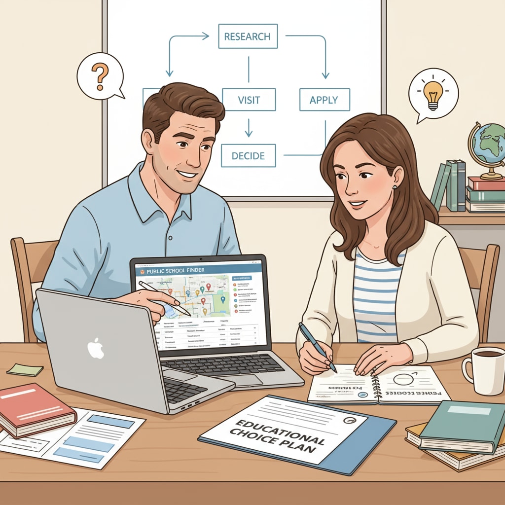 Parents are sitting at a table, intently researching public schools on a laptop, gathering information for the educational choice process. Parents researching public schools for educational choice on a laptop
