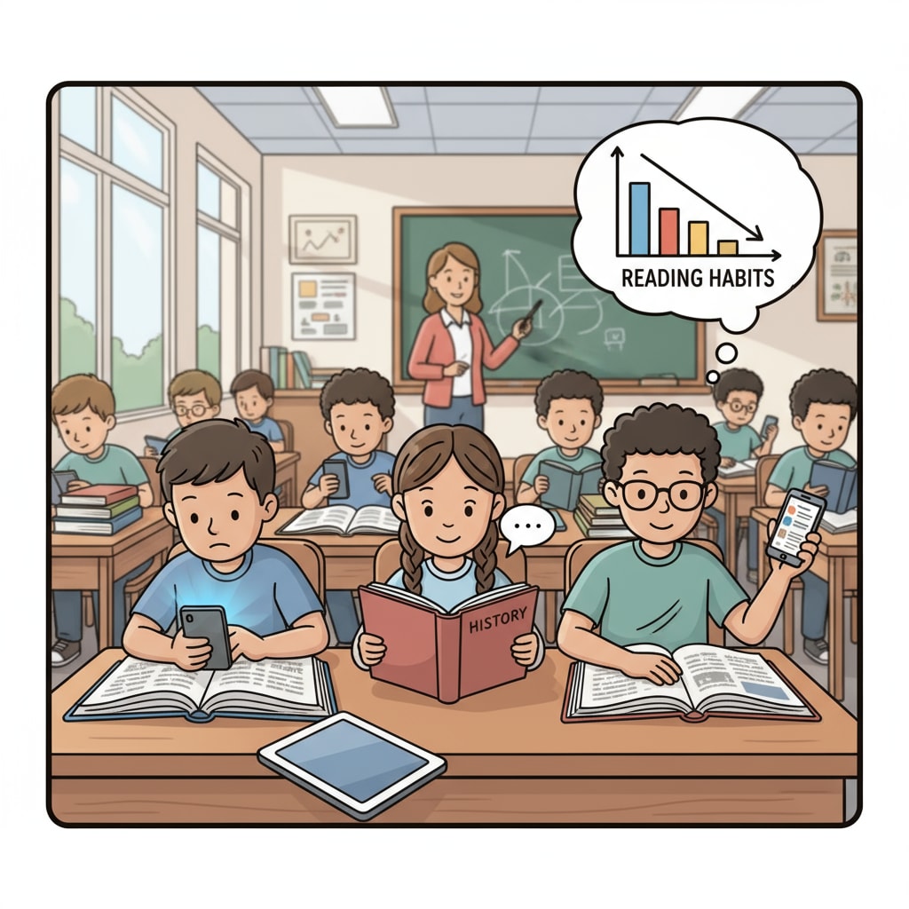 A group of students in a classroom setting where some students are distracted by their phones instead of focusing on the books in front of them, highlighting the decline in reading habits among students. Decline of reading habits among K12 students