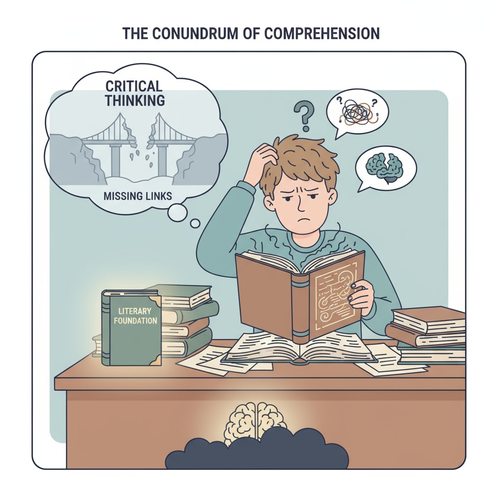 A student sitting at a desk, looking confused and scratching their head as they try to analyze a difficult passage from a book, symbolizing the challenge of developing critical thinking skills without sufficient literary reading. Impact of declining literary literacy on critical thinking