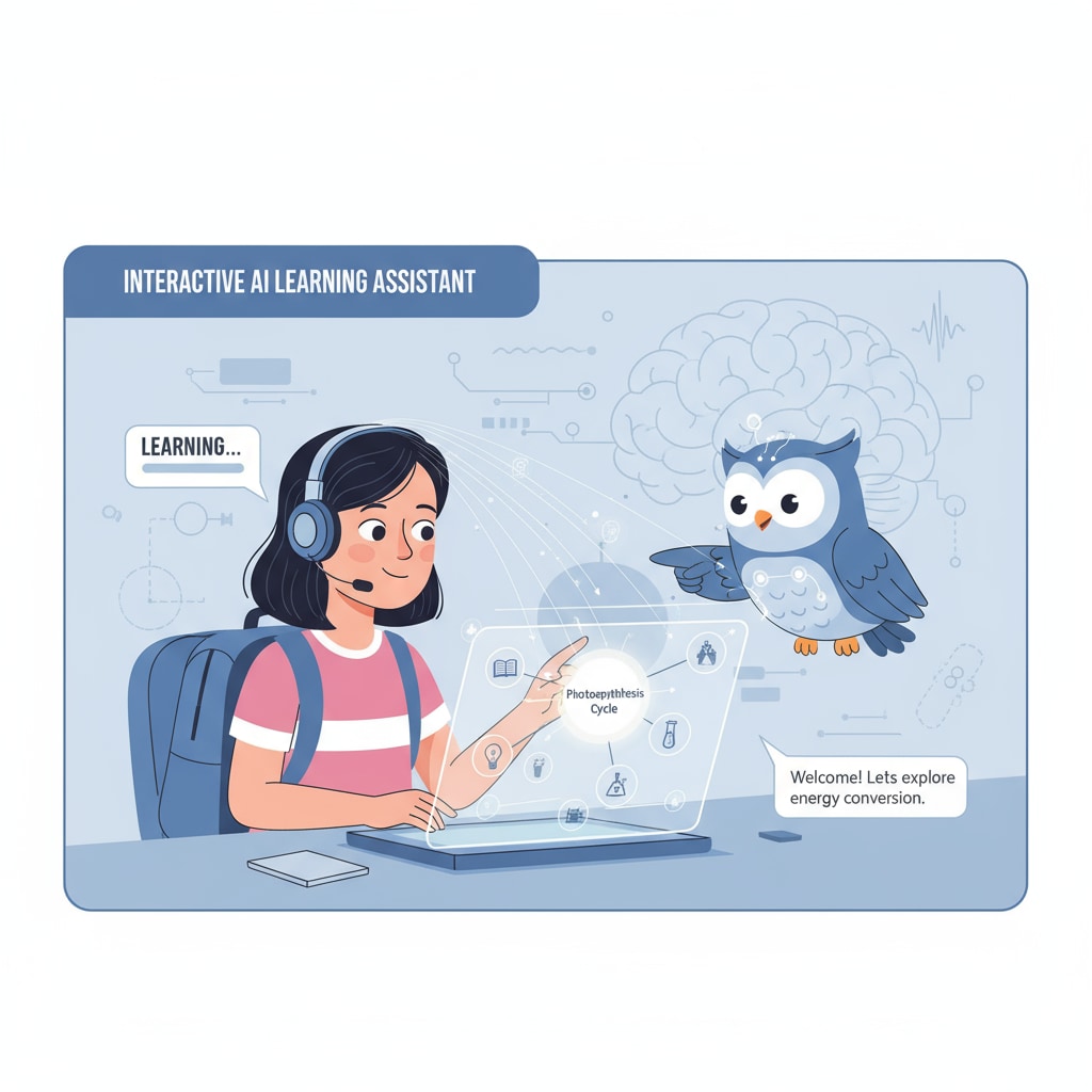 An illustration depicting a student interacting with an AI-based educational tool to absorb knowledge points. AI-generated educational content and knowledge points in use