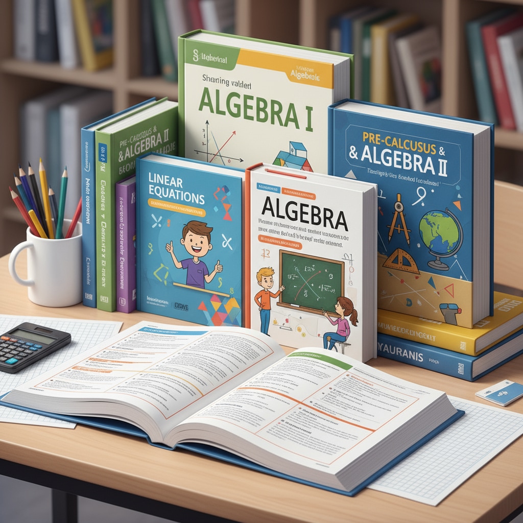 A collection of high school algebra workbooks neatly arranged on a study desk, showing different covers and sizes. High school algebra workbooks on a study desk