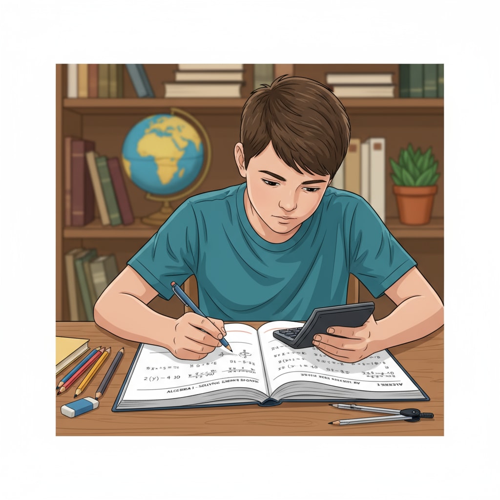 A student attentively working on an algebra workbook with a pencil and calculator, concentrating on solving equations. Student working on a high school algebra workbook