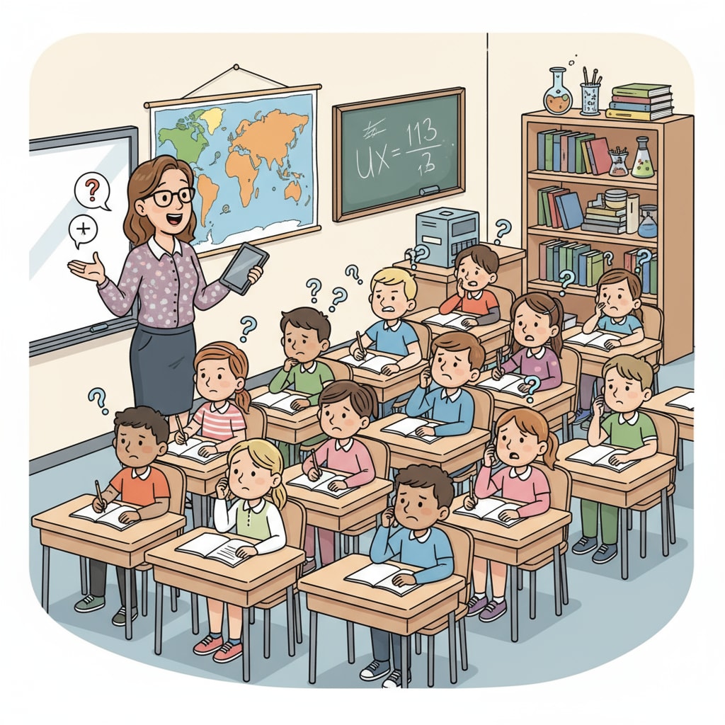 A classroom scene where students look confused while the teacher gives instructions. The teacher is standing in front, speaking, while students are sitting at their desks with puzzled expressions. A classroom scene depicting the teaching dilemma of students not understanding instructions.