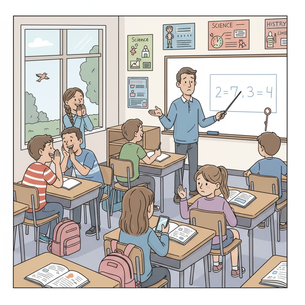 A group of middle school students looking distracted in a classroom. Some students are whispering to each other, some are looking out of the window, and the teacher is trying to regain their attention. A classroom scene showing how distractions can lead to students not following instructions.