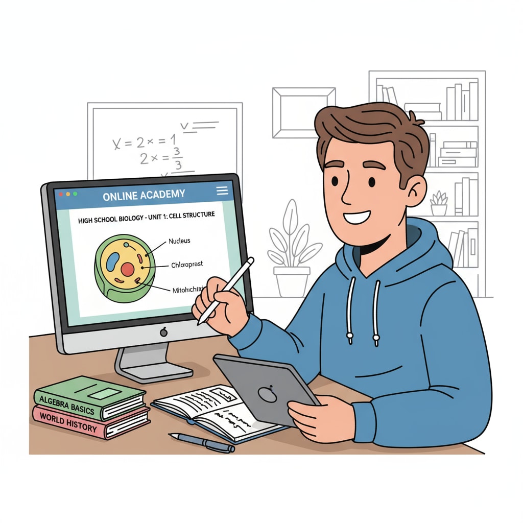 An adult sitting in front of a computer, engaged in an online course related to high school education. Free online courses for adults to achieve high school diplomas as part of free educational resources