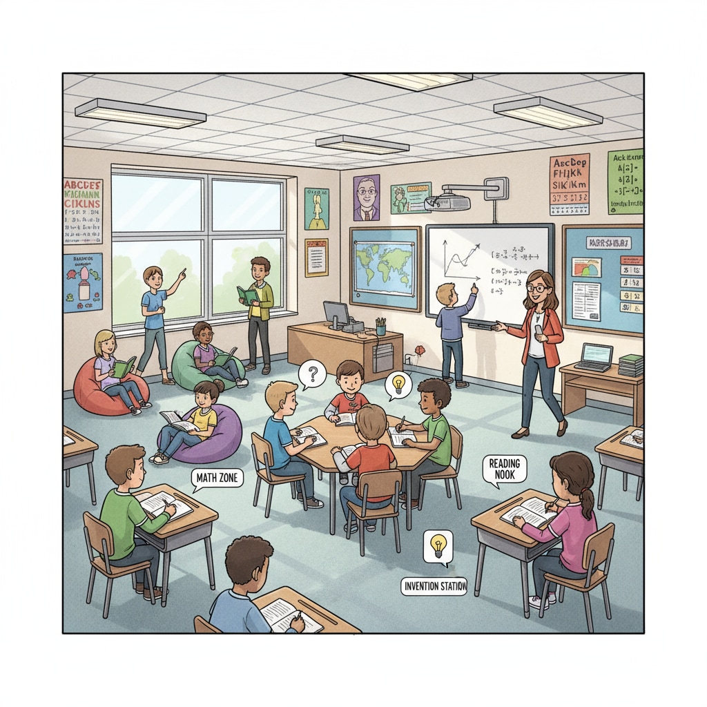 A classroom scene with students actively participating in various learning activities, such as discussions, reading, and writing. Students engaged in learning activities in a K12 classroom, related to education, lifelong learning, and success