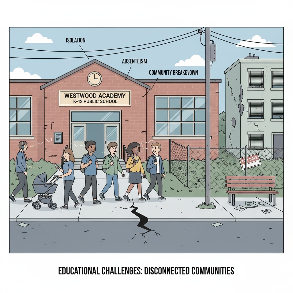 A group of students walking out of a public school building while the community around it shows signs of disconnection Public schools, community separation, and youth programs - students leaving school in a disconnected community