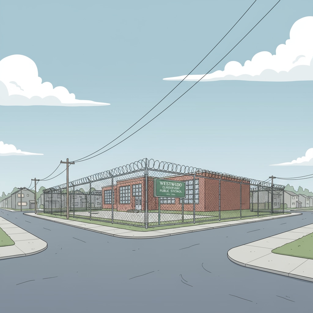 A public school building standing alone with a fence around it, while the community streets are quiet and disconnected Public schools, community separation, and youth programs - an isolated public school building