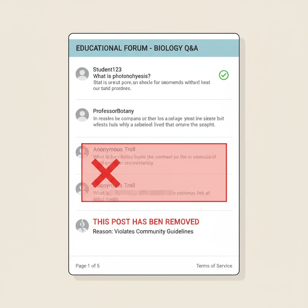 A visual representation of an educational forum page where a post has been marked as deleted, with a red cross or some indication of removal. Screenshot of an educational forum showing a deleted post related to post deletion, PLCs, and forum rules