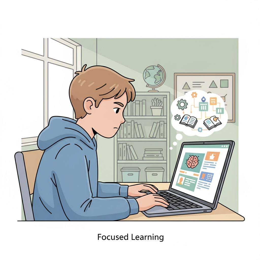 An autistic student concentrating while using a computer for online learning An autistic student using a computer for online learning to overcome learning difficulties