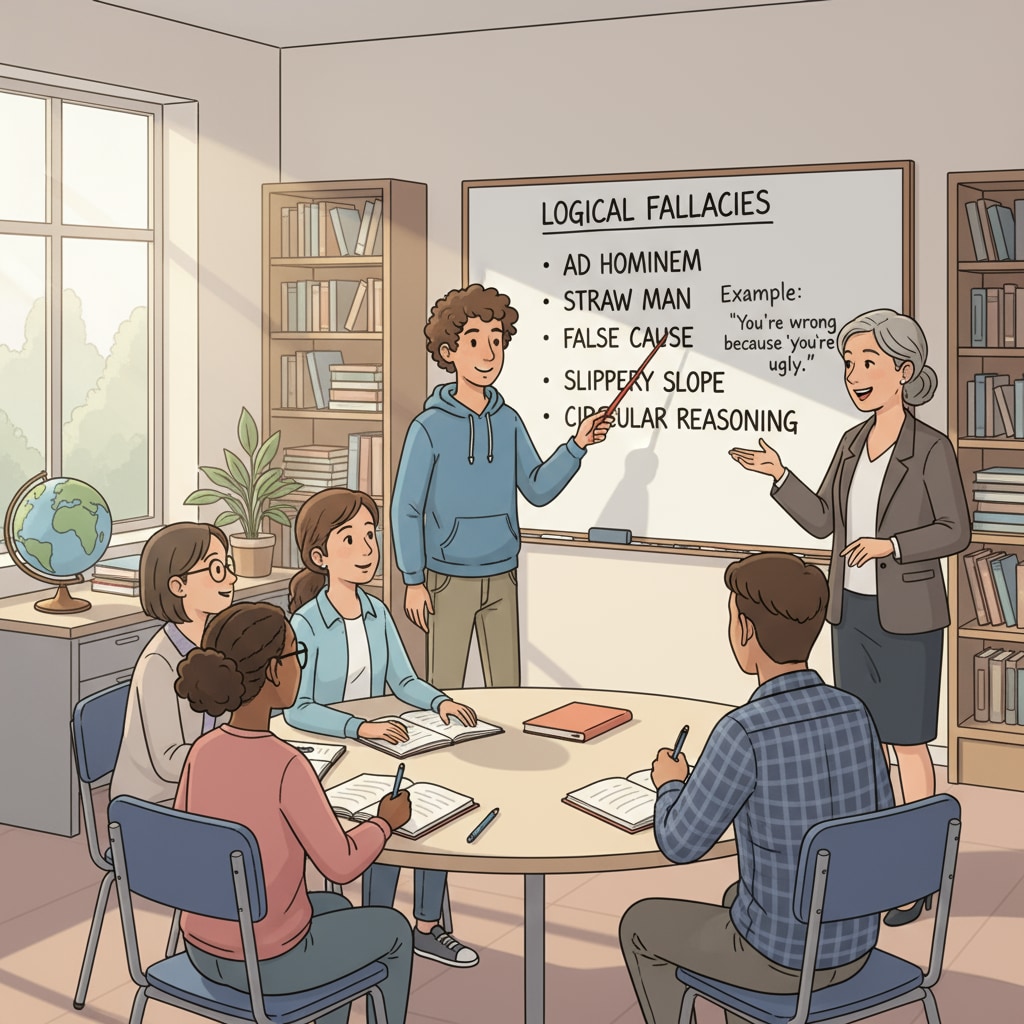 A classroom scene where students are engaged in a discussion about logical fallacies, with one student pointing at a board with examples of fallacies written on it. Students discussing logical fallacies in a classroom setting to enhance critical thinking and propaganda recognition