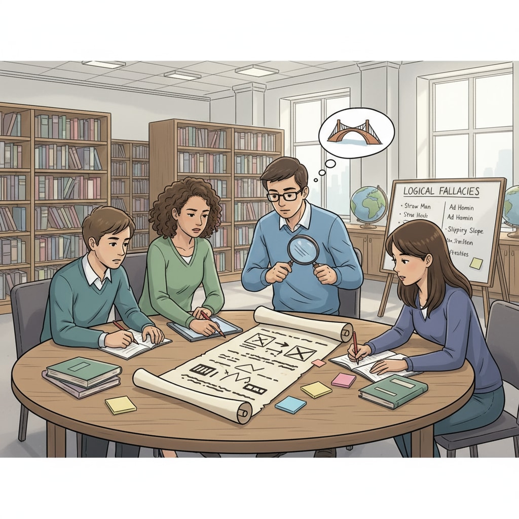 A group of students sitting around a table, analyzing an argument presented on a piece of paper, using critical thinking skills to identify logical fallacies. Students analyzing an argument using critical thinking skills to detect logical fallacies and recognize propaganda