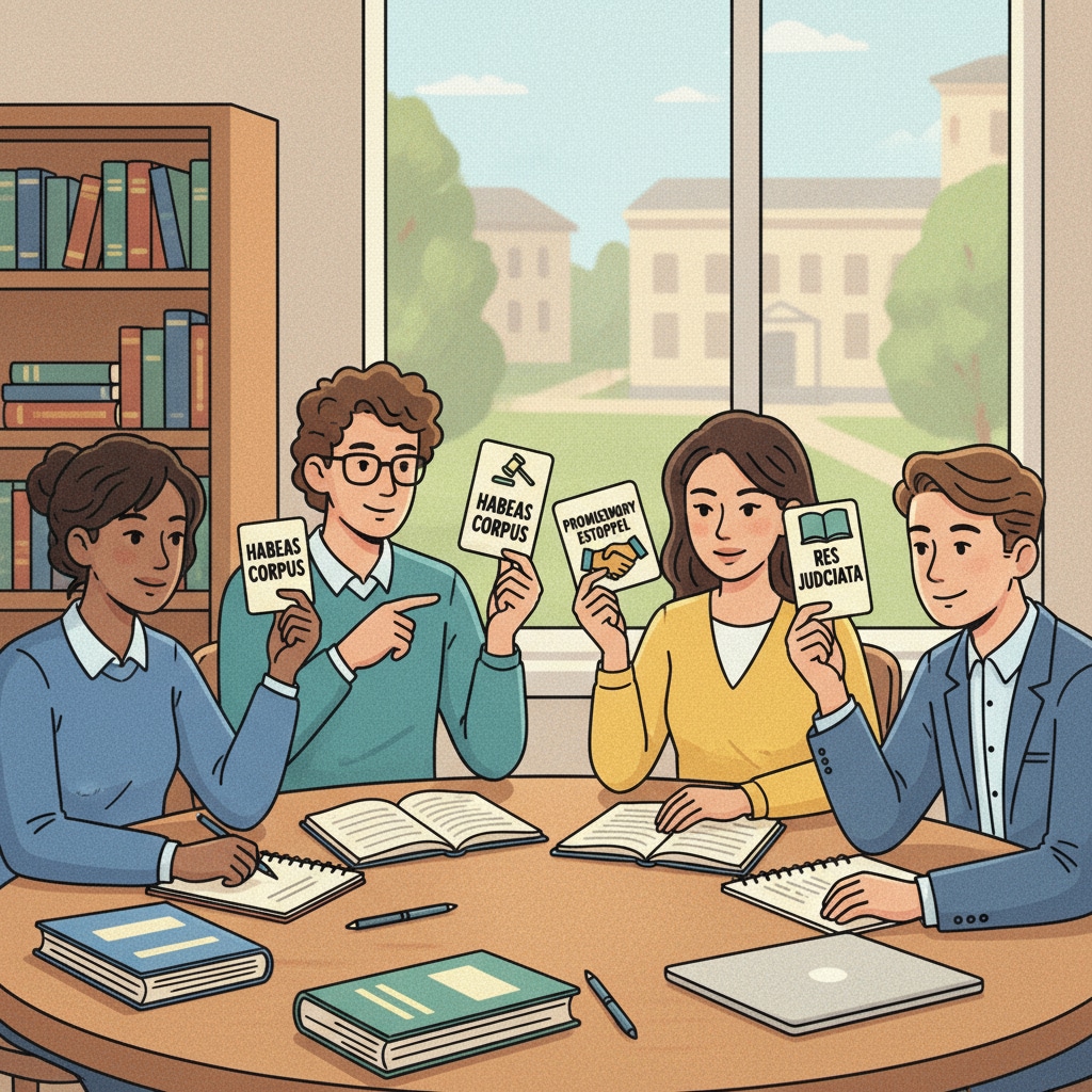 A group of students sitting around a table, using flashcards to quiz each other on legal concepts. Students using flashcards for legal learning with active recall and spaced repetition.