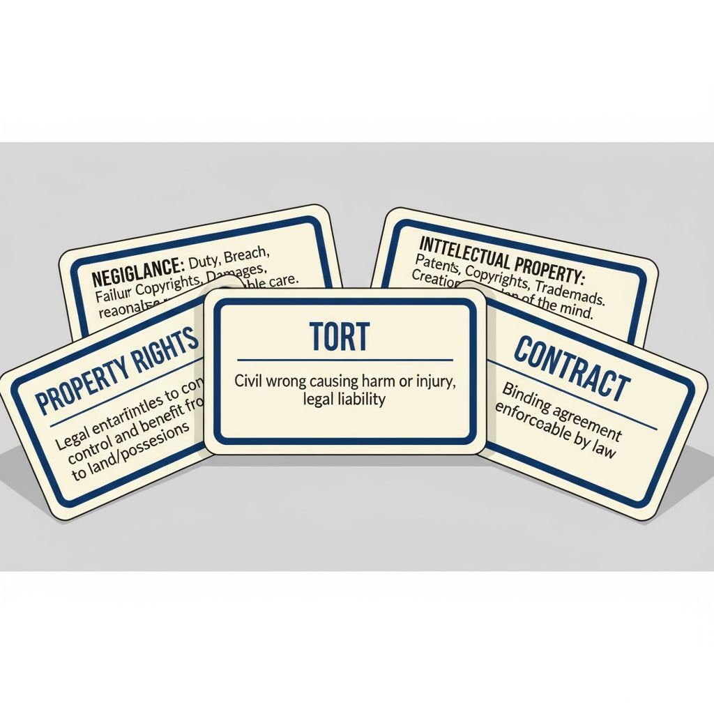 A close-up of a set of flashcards with legal terms like 'tort' and 'property rights' written on one side and detailed explanations on the other. Flashcards for legal learning with active recall and spaced repetition.