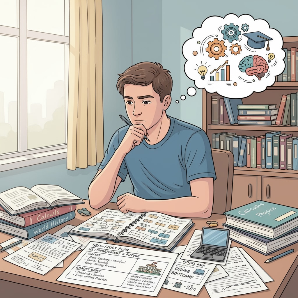 A student is sitting at a desk, with books and papers spread out. They are deep in thought, presumably thinking about how to improve their high school grades through self-education and plan for their future life. A student considering self-education and life plans for high school grades improvement