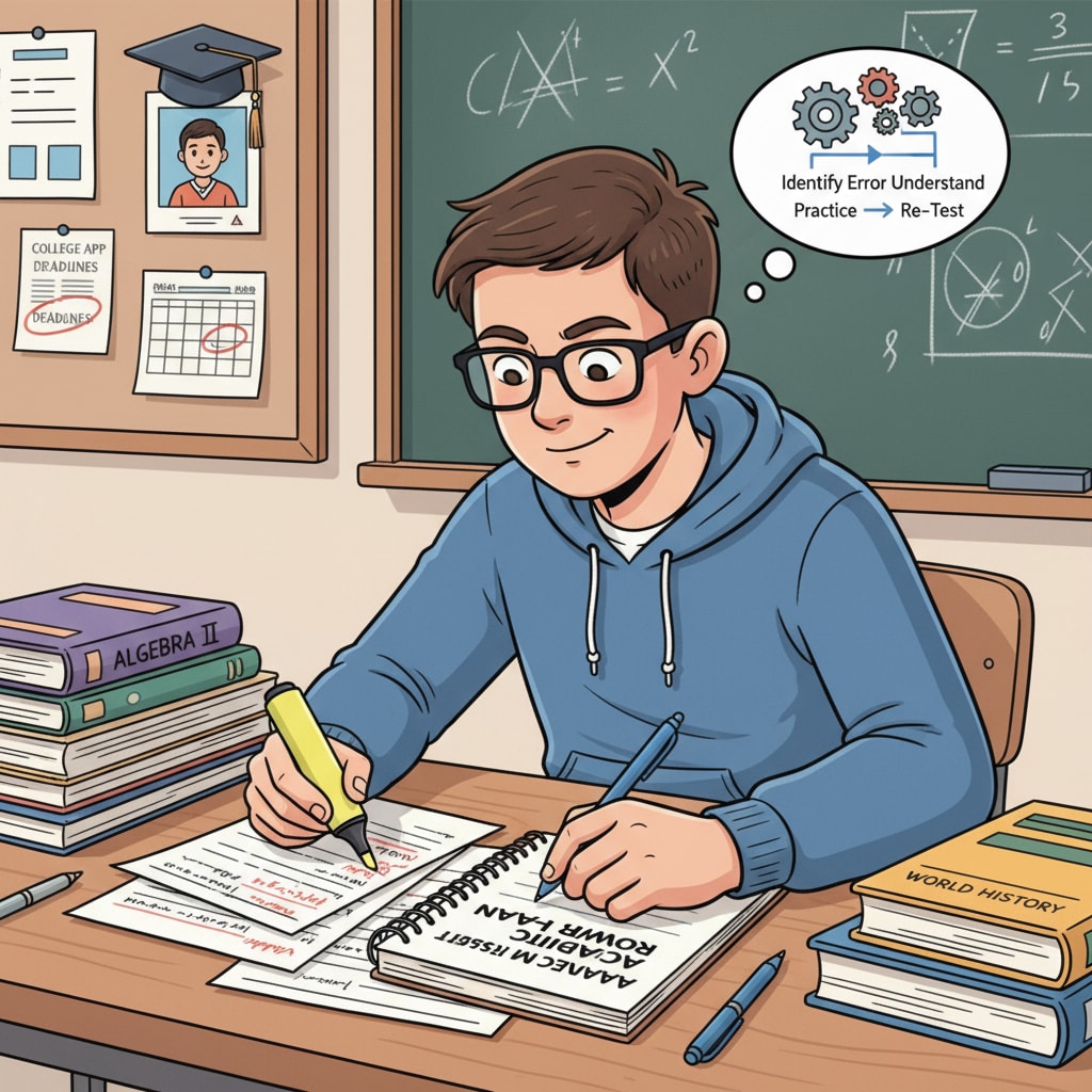 A student is carefully looking at their test papers, highlighting mistakes and making notes. This shows the process of analyzing the reasons for poor grades in high school, which is an important step in self-education and life planning. A student analyzing high school test papers for self-education and life planning