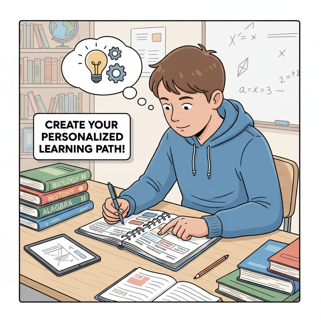 A student is sitting at a desk, surrounded by books and notebooks. They are using a planner to carefully schedule their study time, highlighting the importance of creating a personalized learning plan. A student creating a personalized learning plan to overcome educational deficits and enhance high school academic performance.