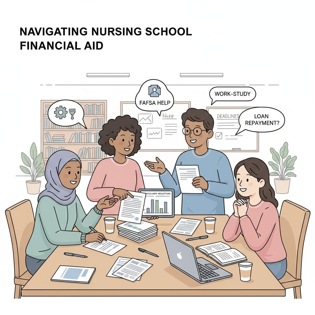 A group of students is gathered around a table, discussing the financial aid options available for their nursing courses. Some are looking at forms, while others are sharing their experiences. Students discussing FAFSA for nursing courses
