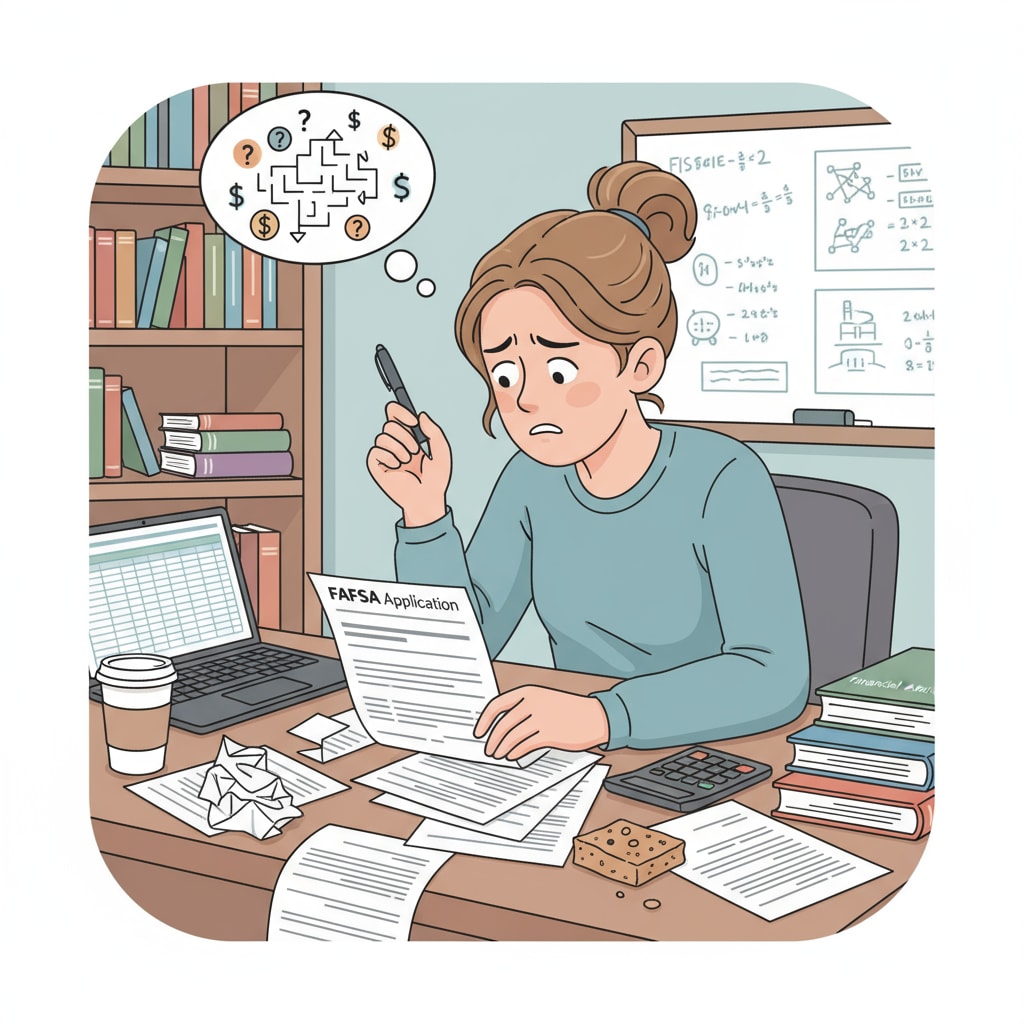 A young student is sitting at a desk, looking frustrated as she fills out her FAFSA forms. There are papers scattered around her, and she has a worried expression on her face. Frustrated student filling out FAFSA for nursing prerequisite courses