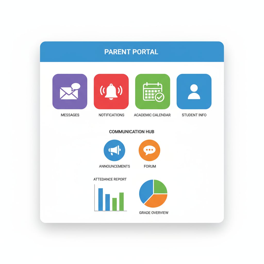 The image depicts a graphical representation of a school information system interface. There are icons related to communication, such as envelopes for messages and bells for notifications. This gives an idea of the components within the system that are relevant to parent communication. A visual representation of a school information system interface highlighting communication elements for parent communication and information management
