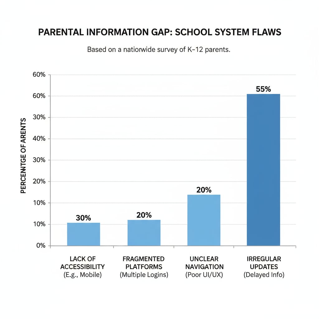 The graph shows the percentage of parents who miss important information due to flaws in the school information system. The data is presented in a clear and easy-to-understand format, with different categories of flaws contributing to the overall percentage. A graph demonstrating the percentage of parents missing important information because of system flaws in school information systems, relevant to parent communication and information management