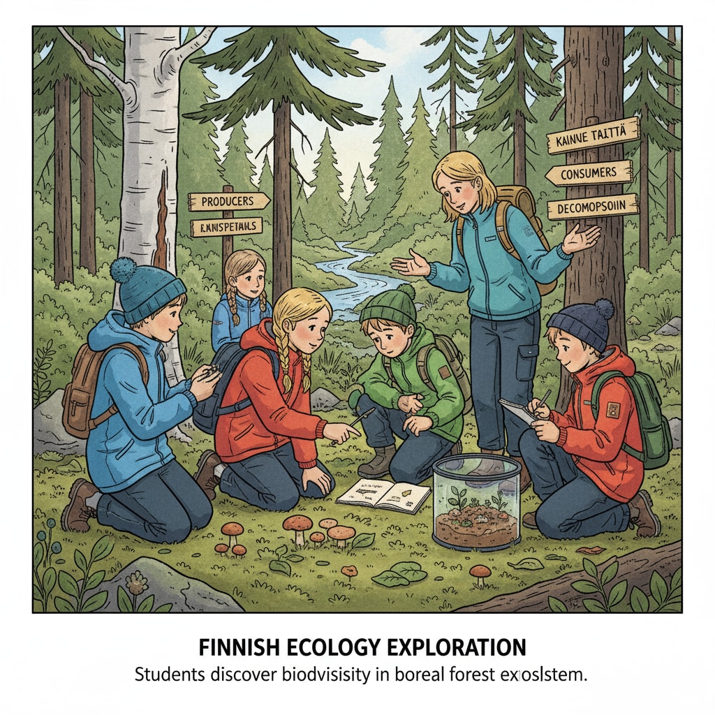 A group of Finnish K-12 students are actively engaged in an outdoor environmental learning activity, observing nature and learning about ecosystems. Finnish K-12 students participating in conservation education outdoor activity