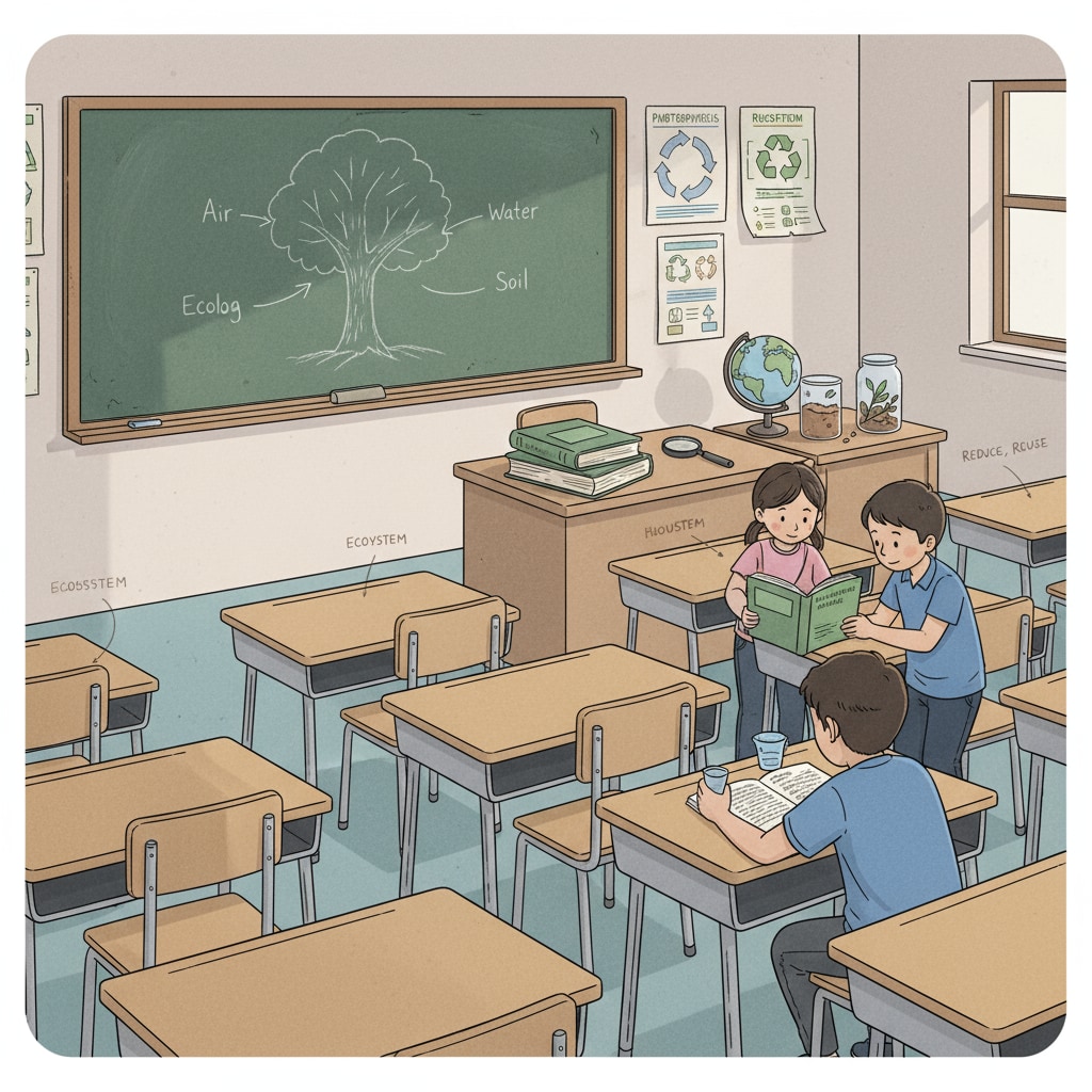 A K-12 classroom is shown with limited environmental teaching resources, such as a few textbooks and basic equipment. K-12 classroom with limited resources for conservation education