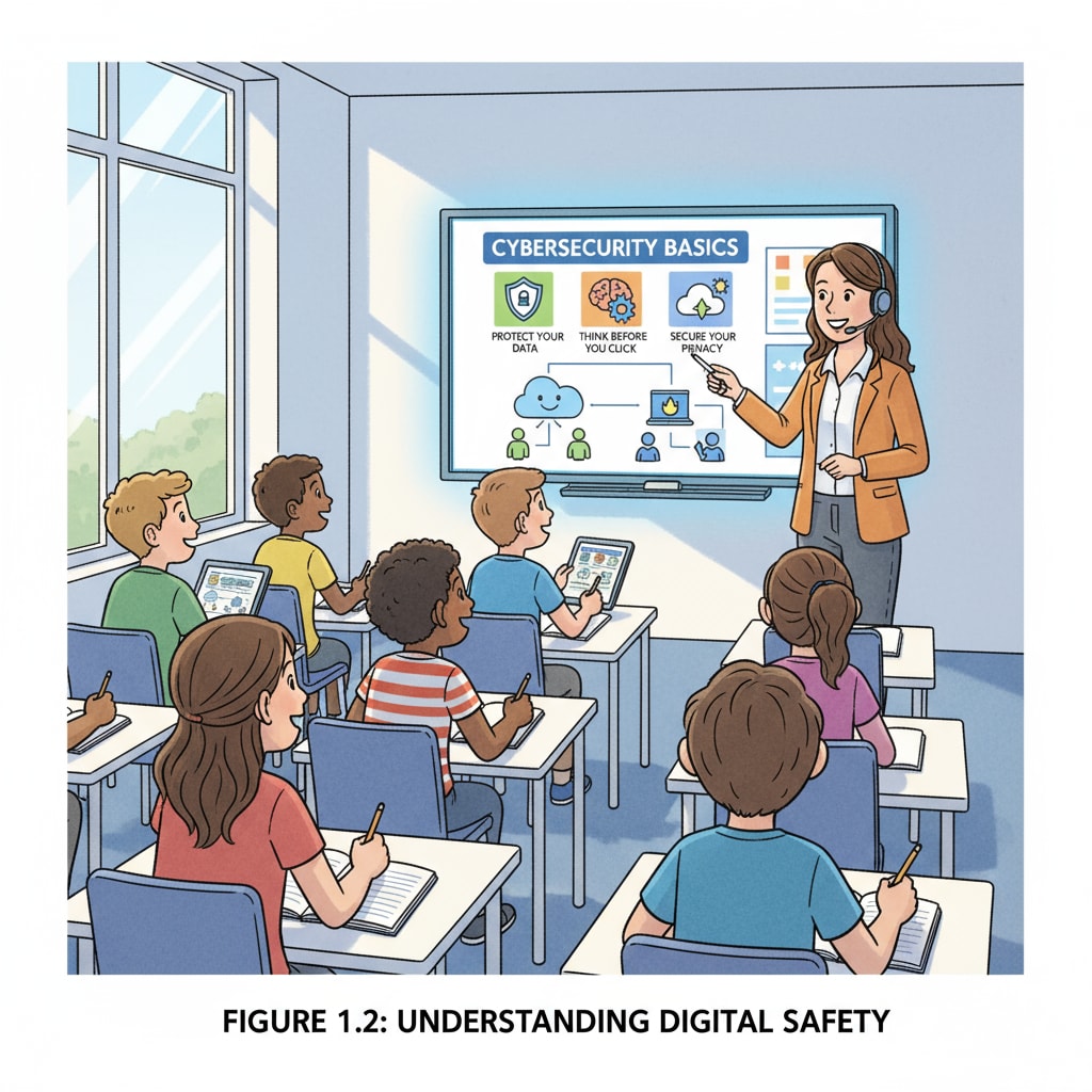 A group of K12 students attentively listening to a cybersecurity lesson. The teacher is using a digital presentation to explain concepts. K12 students engaged in a cybersecurity lesson, highlighting the importance of teaching experience and student engagement in the context of cybersecurity education.