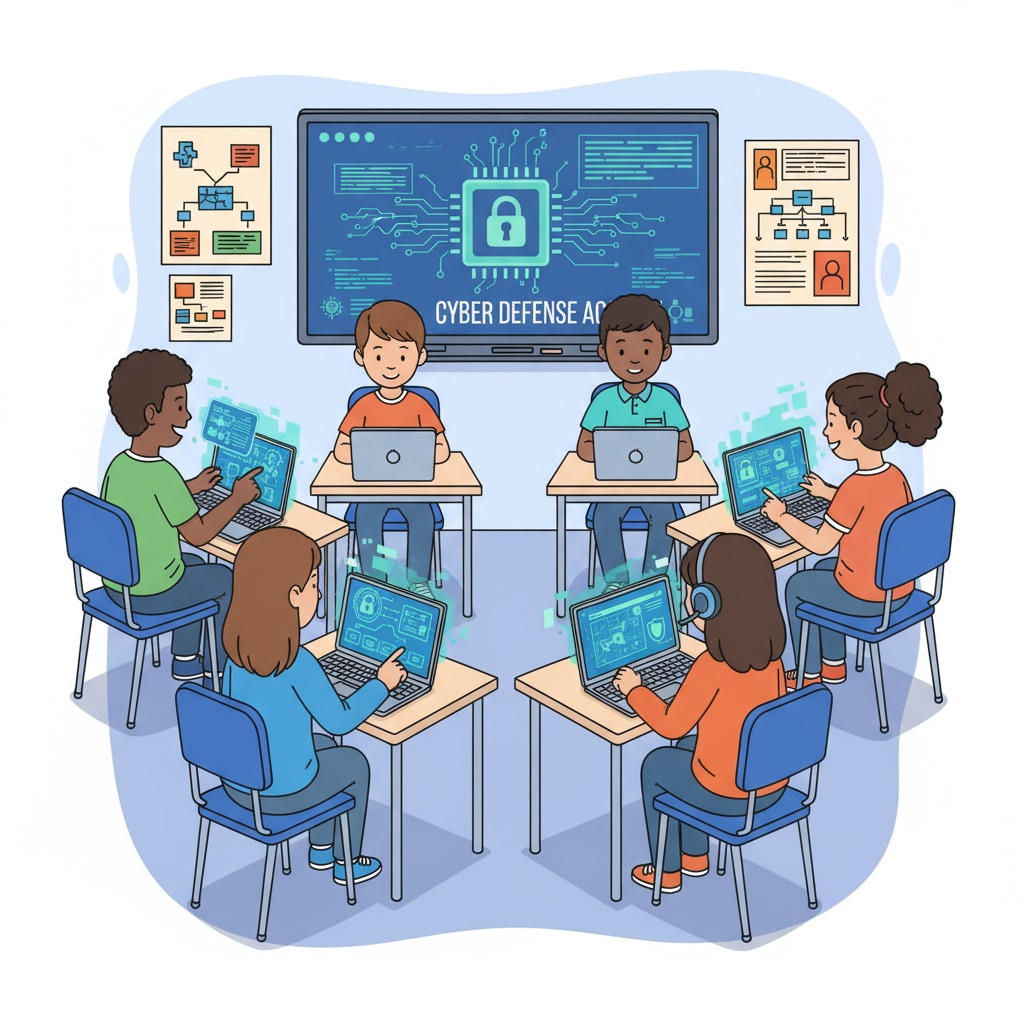 Students using digital devices in a classroom. They are interacting with educational software related to cybersecurity. K12 students using digital devices for cybersecurity learning, emphasizing the need for effective teaching strategies to ensure student engagement in the field of cybersecurity.