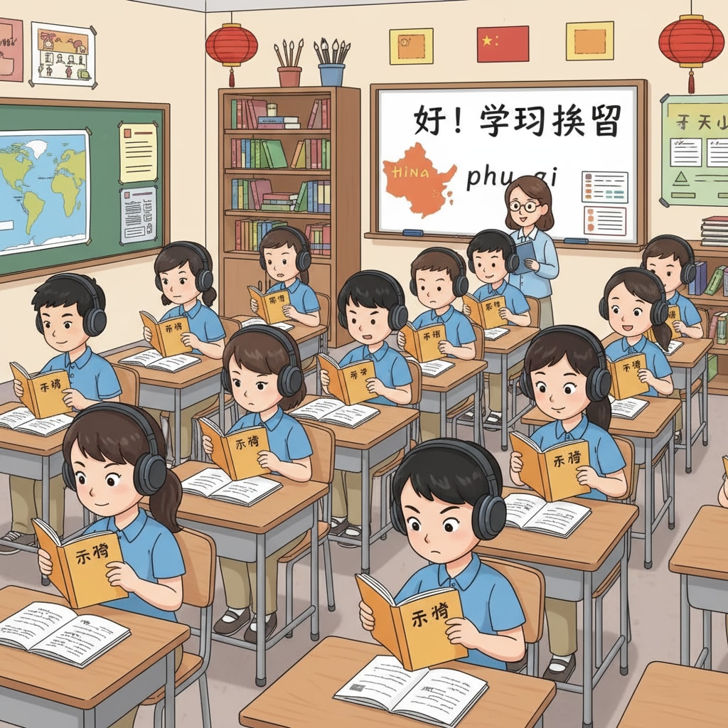 Students are listening attentively to audiobooks during a middle school Chinese class, with headphones on and showing focused expressions. Students listening to audiobooks in a middle school Chinese education setting to enhance their reading abilities.