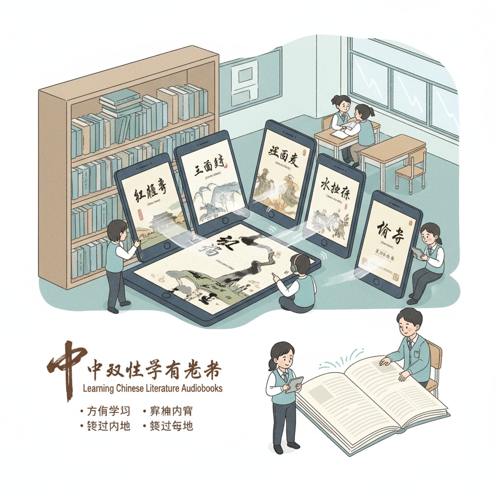 A collection of various audiobooks are displayed, including different Chinese literature works in audiobook format, appealing to students' learning needs. An array of audiobooks relevant to middle school Chinese education for students to choose from.