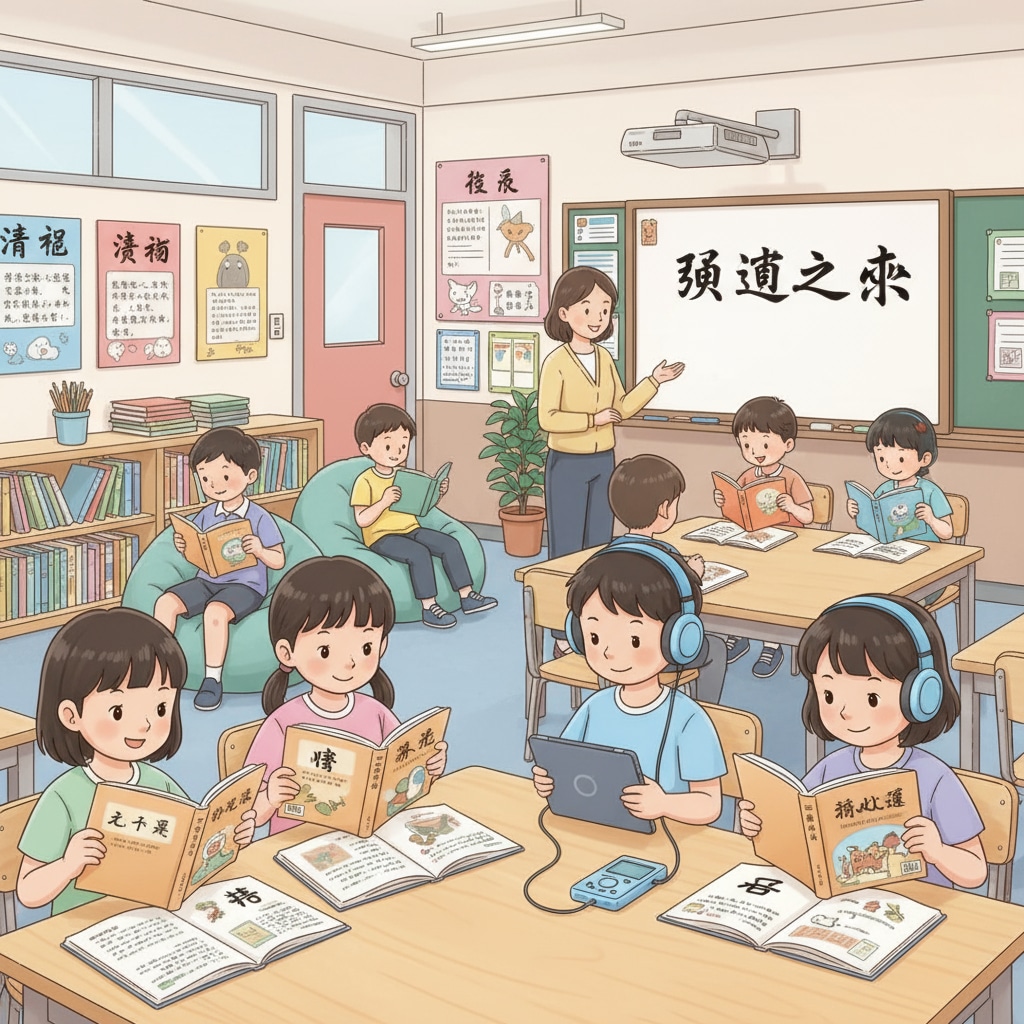Students are seen engaging in a harmonious reading activity, some are reading physical Chinese books while others are listening to audiobooks, indicating a balanced approach. Students achieving a balance between reading physical books and listening to audiobooks in middle school Chinese education.