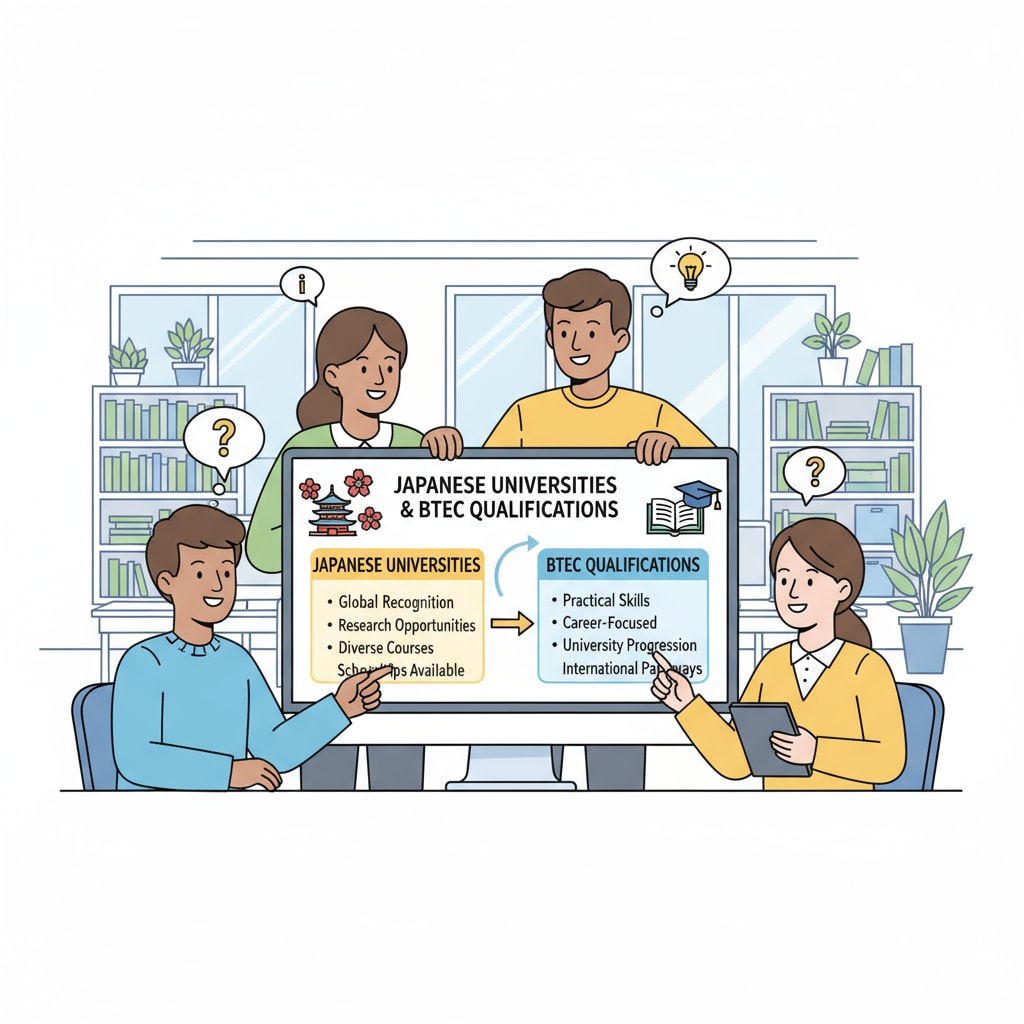 A computer screen displays information about Japanese universities and BTEC qualifications, with students gathered around looking interested. A visual representation of Japanese universities, BTEC qualifications, and academic requirements.