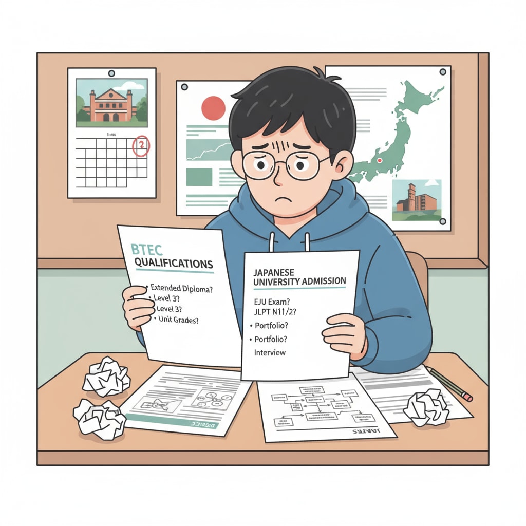 A student appears worried while looking at papers related to BTEC and Japanese university admission requirements. A student facing the challenges of applying to Japanese universities with BTEC qualifications.