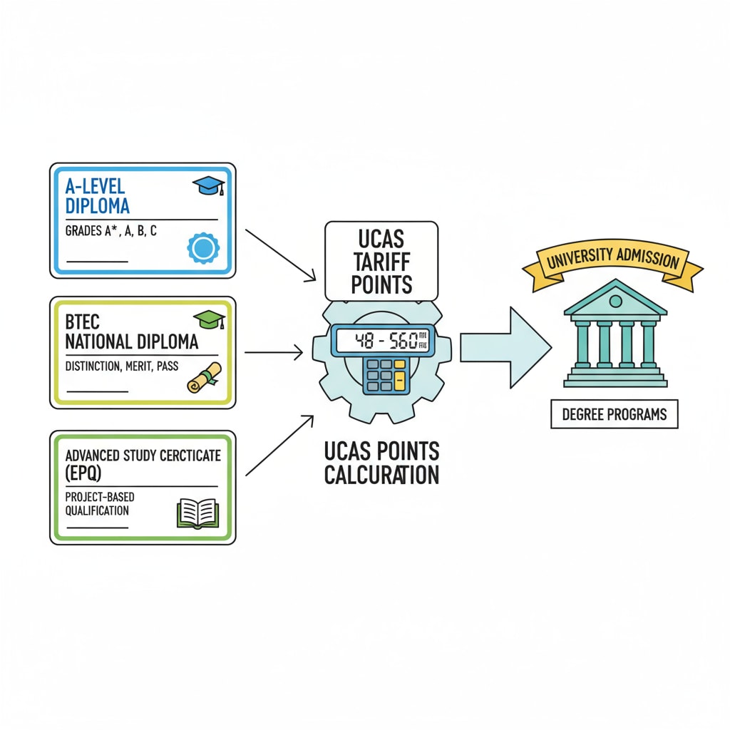 An illustration showing different academic qualification certificates like A-Level diplomas and advanced study certificates, highlighting their relation to UCAS points calculation. Academic qualifications related to UCAS points for A-Level students aiming for foundation year