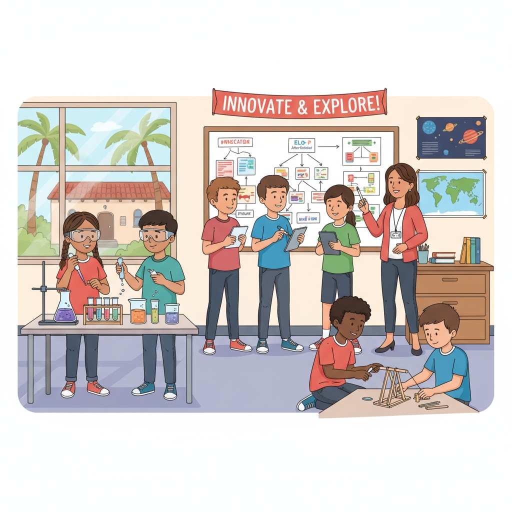 A group of students in a California school are participating in an after-school activity under the ELO-P. They are engaged in a hands-on learning project, with some students working on a science experiment while others are discussing ideas. Students participating in after-school learning activities under ELO-P in a California school