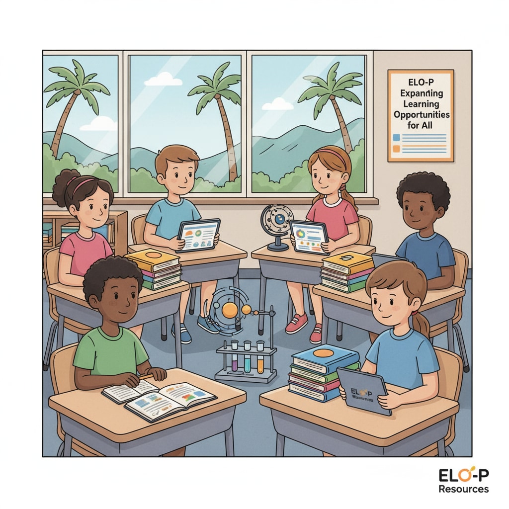 In a California classroom, students are using various educational resources provided by ELO-P. There are books, tablets, and science kits on the desks, and students are actively exploring and learning. A California classroom filled with students using educational resources provided by ELO-P