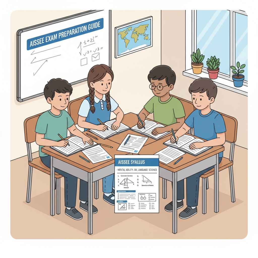 A group of students sitting at desks, studying books and papers related to the AISSEE exam. Students preparing for the AISSEE Sainik School admission exam