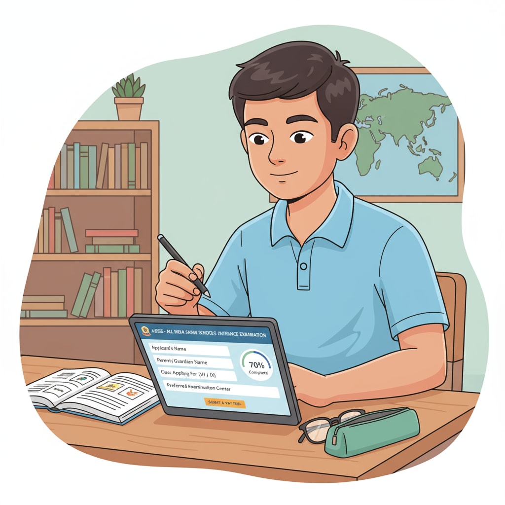 A student sitting at a desk, carefully filling out an online registration form for the AISSEE. Student registering for the AISSEE Sainik School admission exam