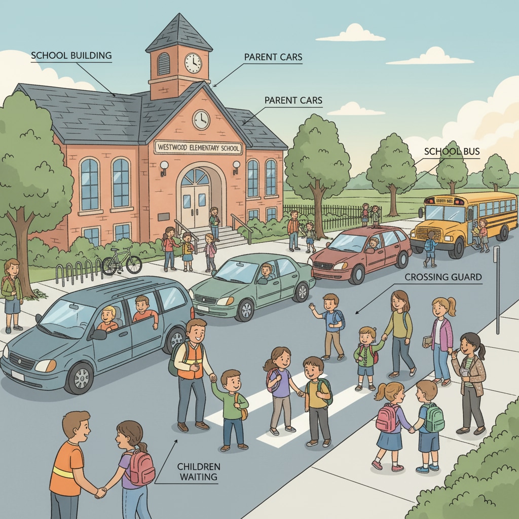 A busy street outside a small town school during pick-up time, with cars lined up and children waiting. Traffic congestion during school pick-up in a small town