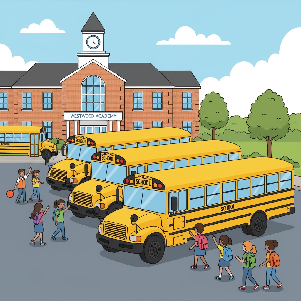 A row of bright yellow school buses waiting at a school entrance. School buses waiting at a small town school entrance
