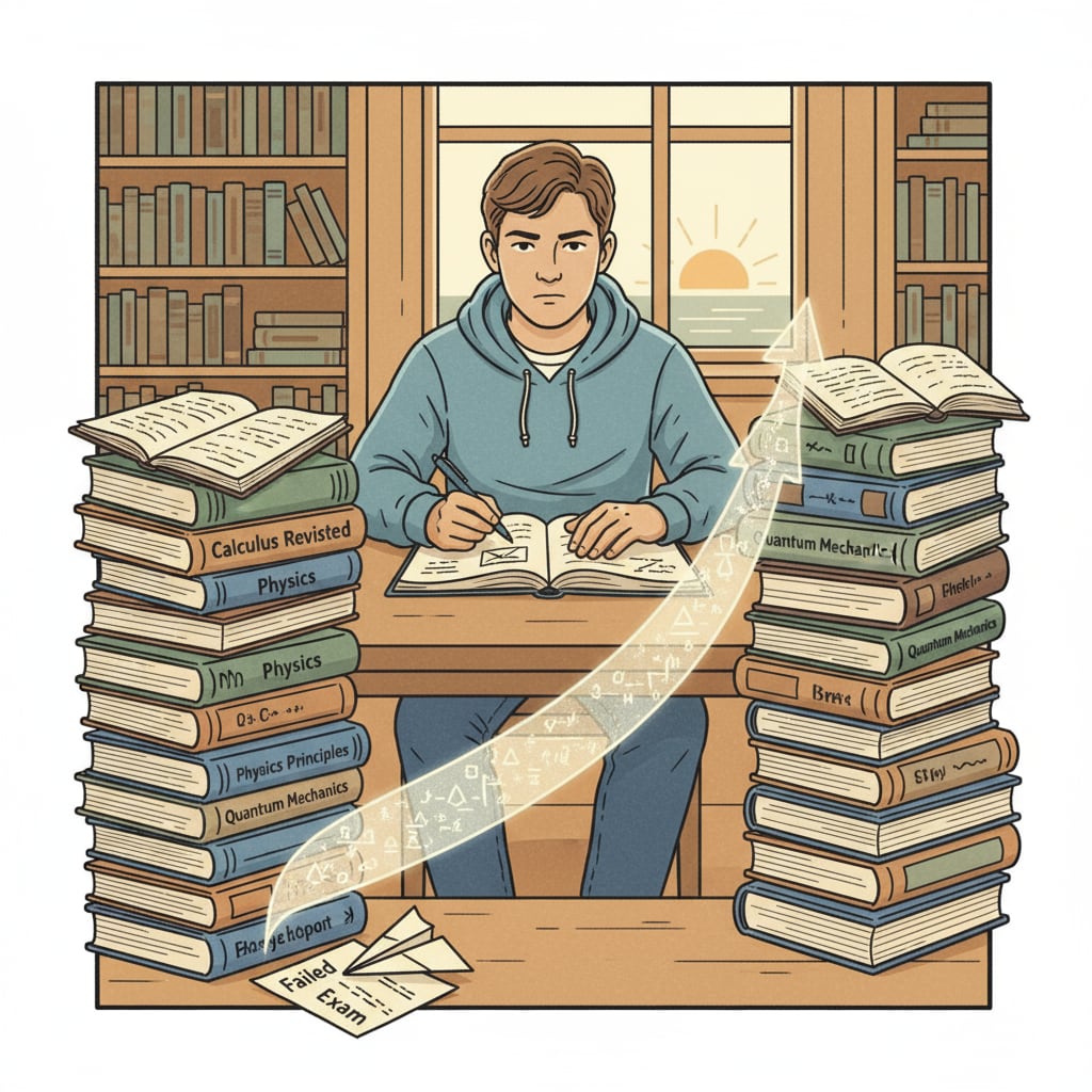 A student sitting at a desk, looking determined while surrounded by books, representing the start of the journey after academic failure A determined student starting the journey after academic failure