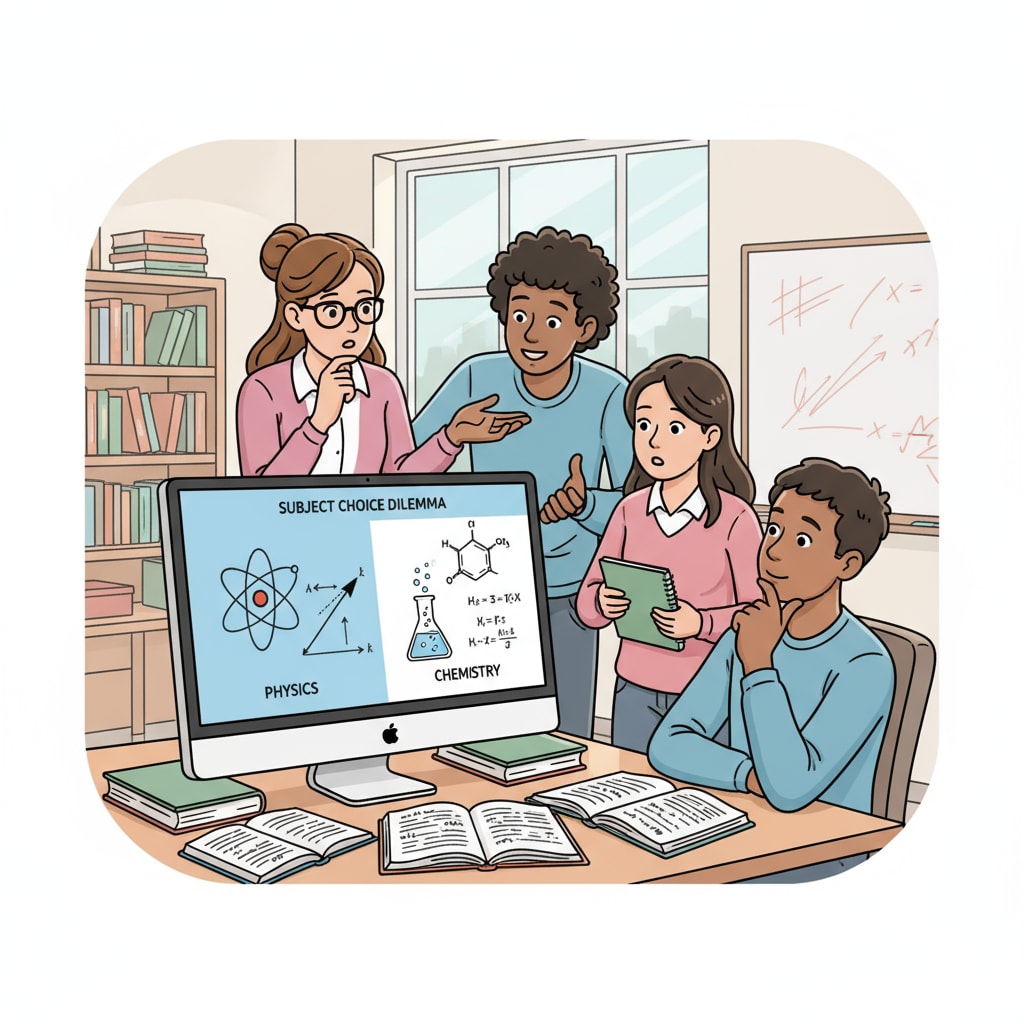 A group of high school students are having a discussion. In front of them is a computer screen that displays diagrams related to physics and chemistry, symbolizing their subject choice dilemma. High school students considering physics and chemistry in online learning with a connection to health fields