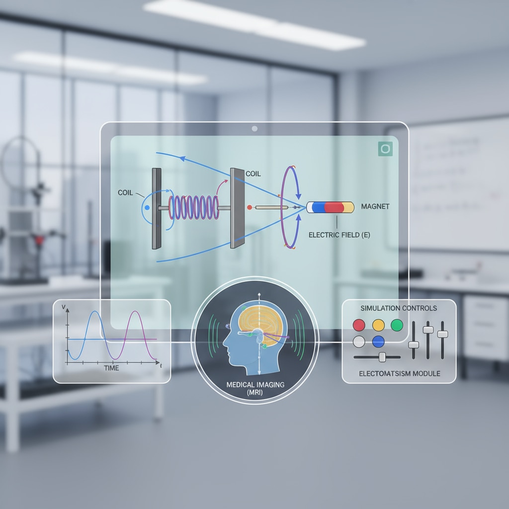 A virtual physics lab setup shows simulations of electromagnetism, which is an important concept in physics and relevant to medical imaging in the health fields. Virtual physics lab with electromagnetism simulations for high school students in online learning interested in health fields