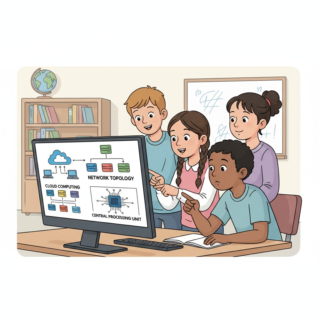 A group of K12 students are observing a computer screen that displays various diagrams related to information technology, looking curious and engaged. K12 students exploring IT diagrams for university major selection and future career prospects
