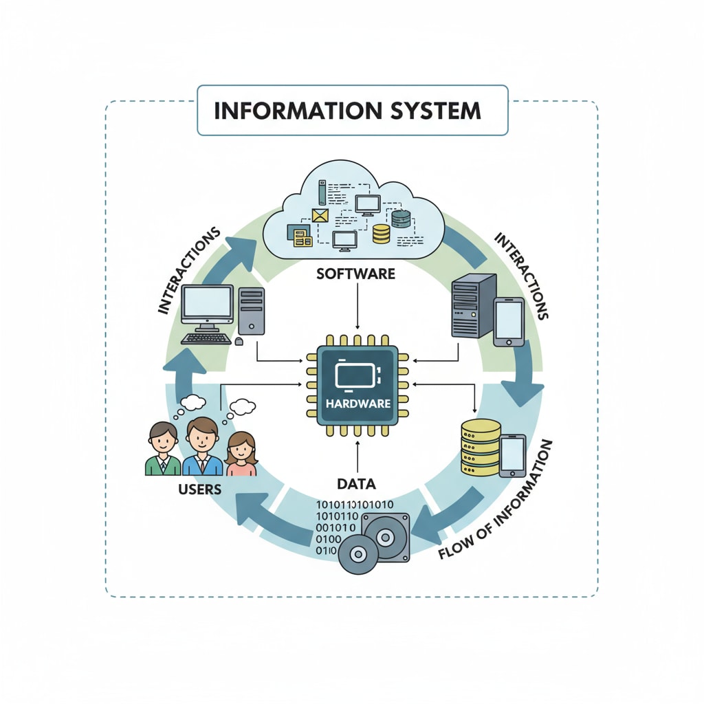 A detailed diagram showing the different components of an information system, including hardware, software, data, and users. Diagram of information system components for understanding IT majors and career prospects