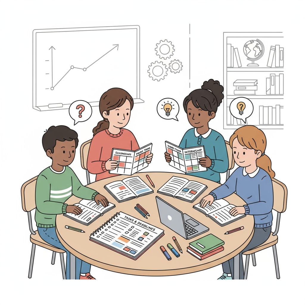 A group of K12 students are sitting around a table, looking at their calendars and discussing how to manage their internship and study schedules. Some have notebooks open with lists of tasks. K12 students discussing internship and study schedule management